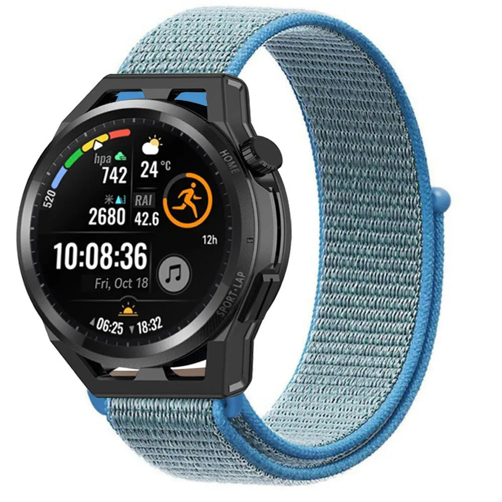 Nylon Strap, blue, on a watch, 3/4 front view
