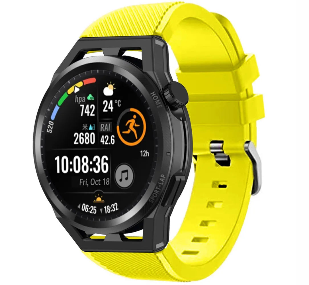 Twill Silicone Strap, yellow, on a watch, 3/4 front view