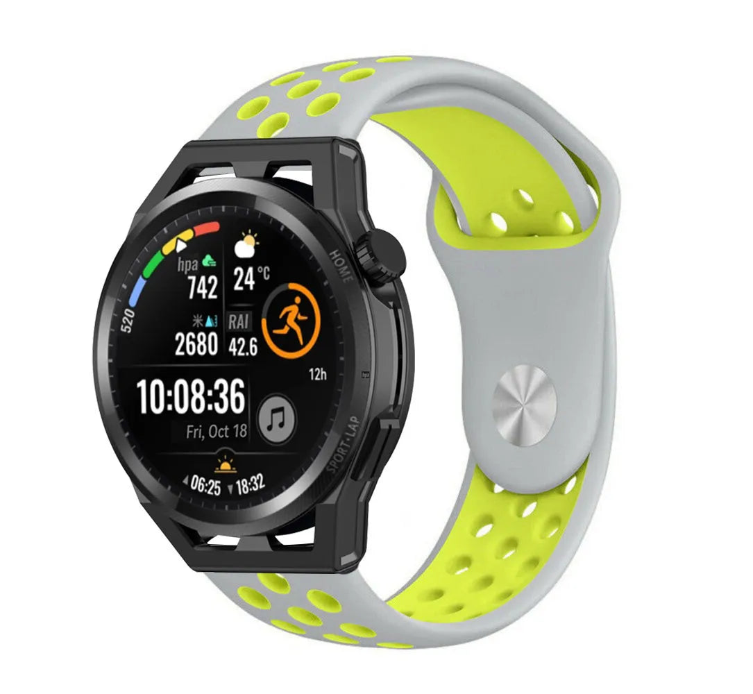 Silicone Sport Strap, grey/yellow, on a watch, 3/4 front view