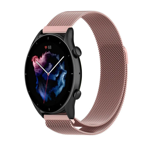 Milanese Strap, pink, on a watch, 3/4 front view