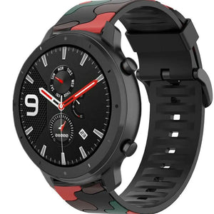 Silicone Camo Strap, red, on a watch, 3/4 front view