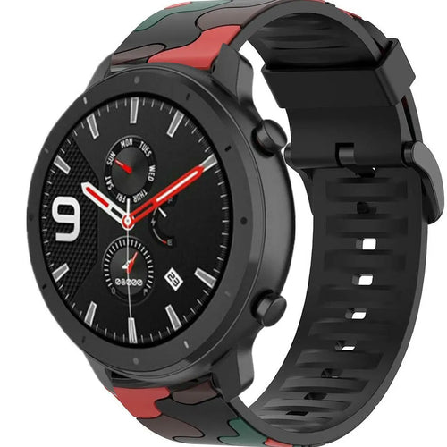 Silicone Camo Strap, red, on a watch, 3/4 front view
