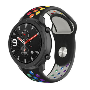 Silicone Sport Strap, black/colourful, on a watch, 3/4 front view