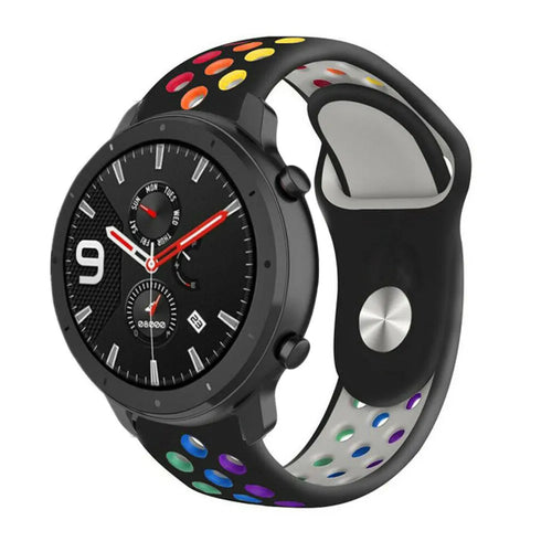 Silicone Sport Strap, black/colourful, on a watch, 3/4 front view