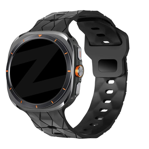 Silicone Strap Hexagons, black, on a watch, 3/4 front view