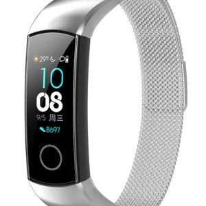 Milanese Strap, silver, on a watch, 3/4 front view