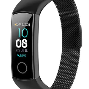 Milanese Strap, black, on a watch, 3/4 front view