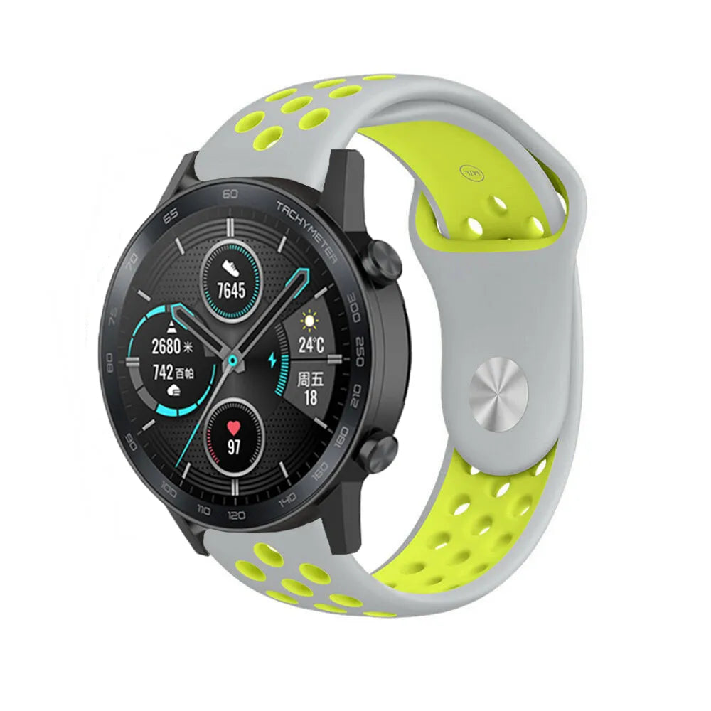 Silicone Sport Strap, grey/yellow, on a watch, 3/4 front view