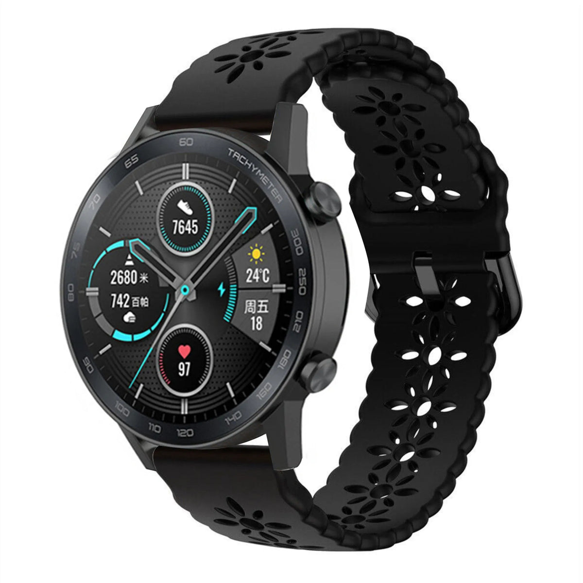 Patterned Silicone Strap, black, on a watch, 3/4 front view
