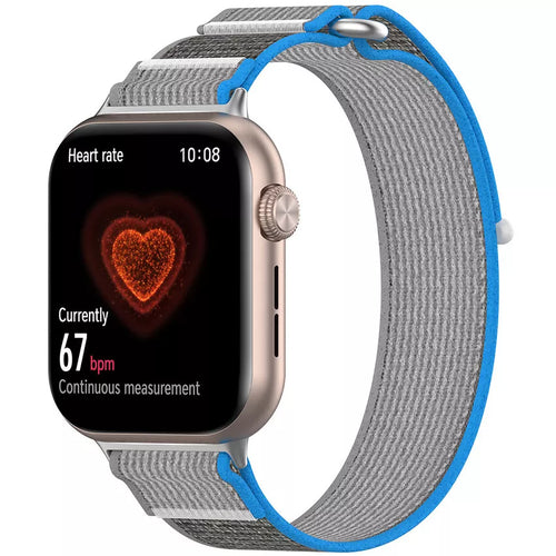 Nylon Strap, grey/blue, on a watch, 3/4 front view