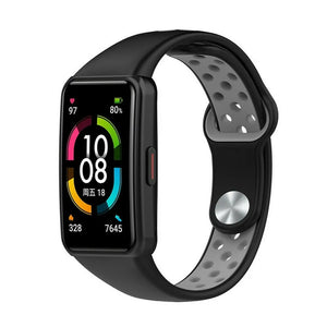 Silicone Sport Strap, black/grey, on a watch, 3/4 front view