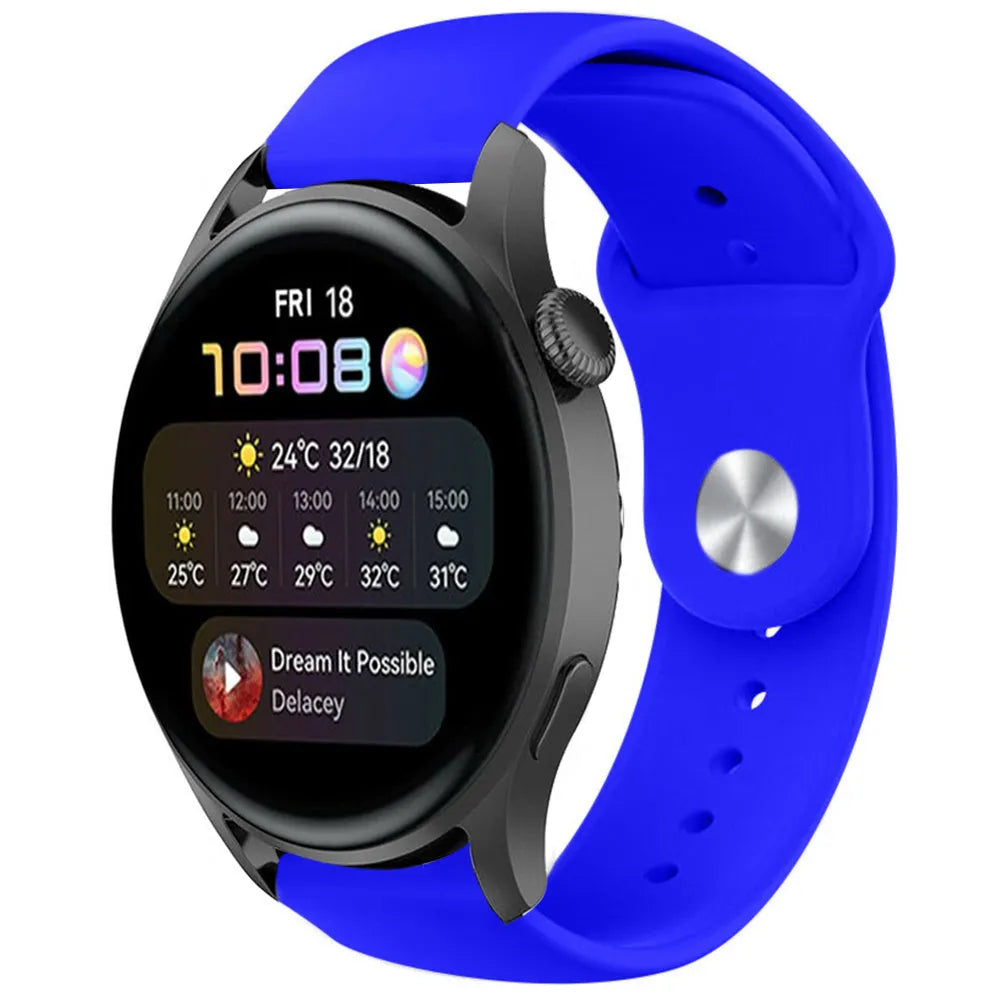 Silicone Sport Strap, blue, on a watch, 3/4 front view