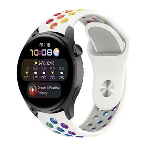 Silicone Sport Strap, white/colourful, on a watch, 3/4 front view