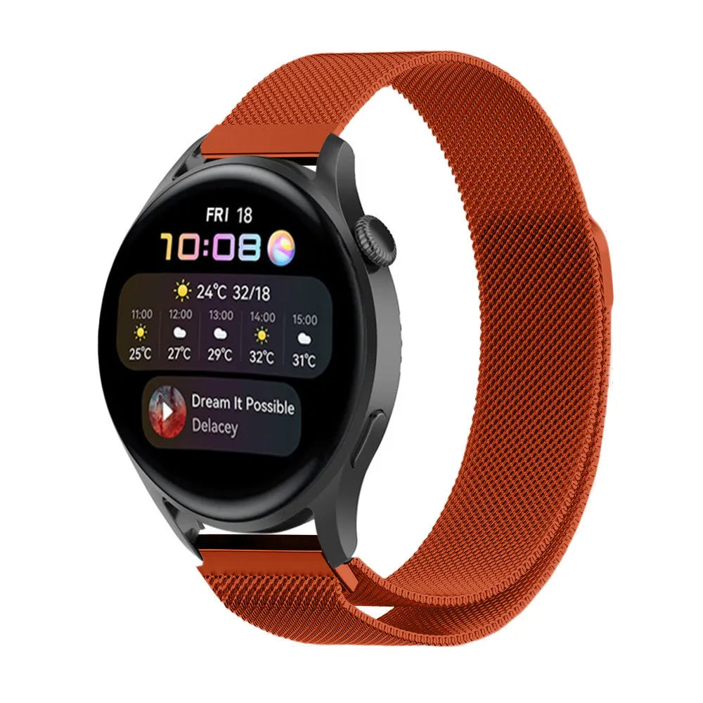 Milanese Strap, orange, on a watch, 3/4 front view
