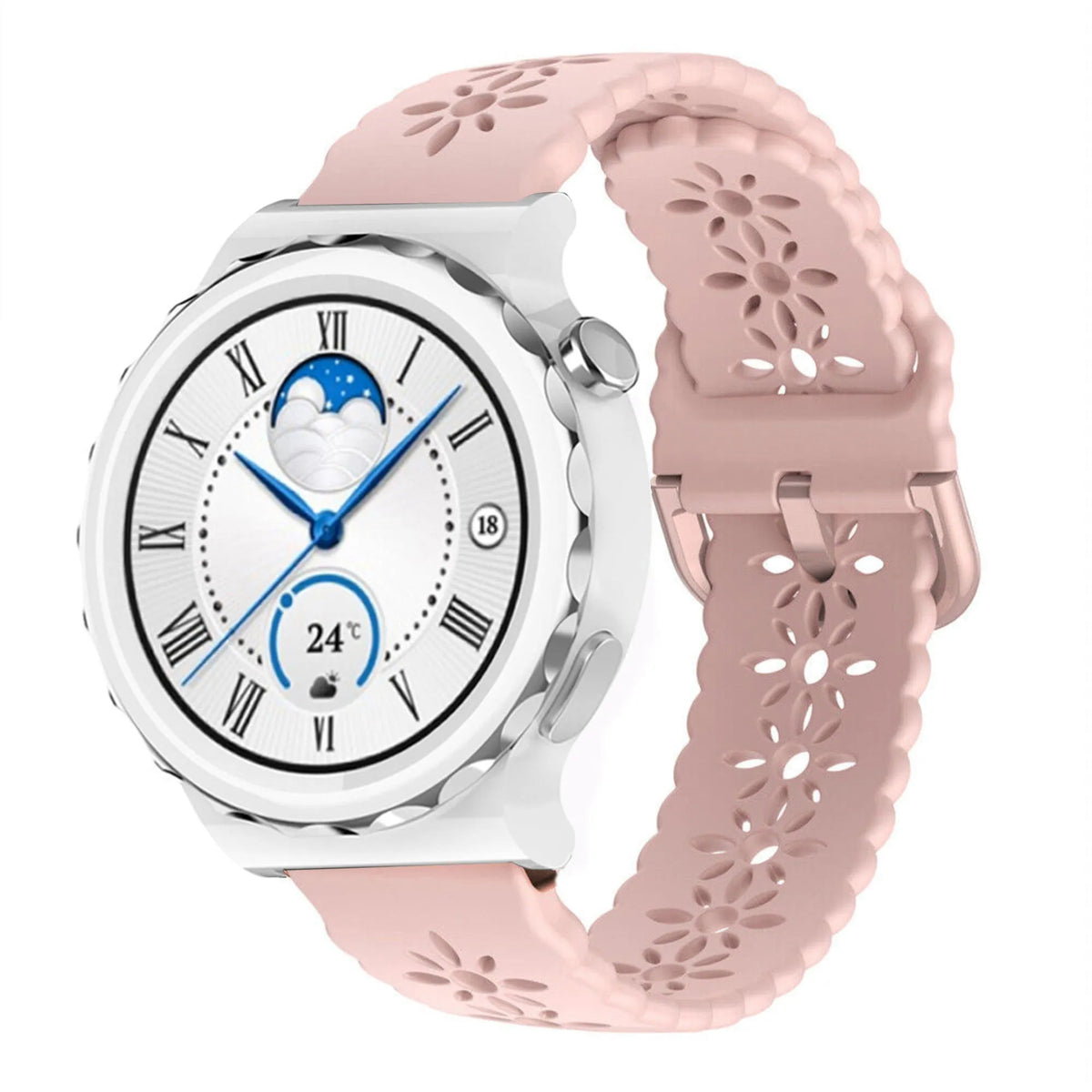 Patterned Silicone Strap, pink, on a watch, 3/4 front view