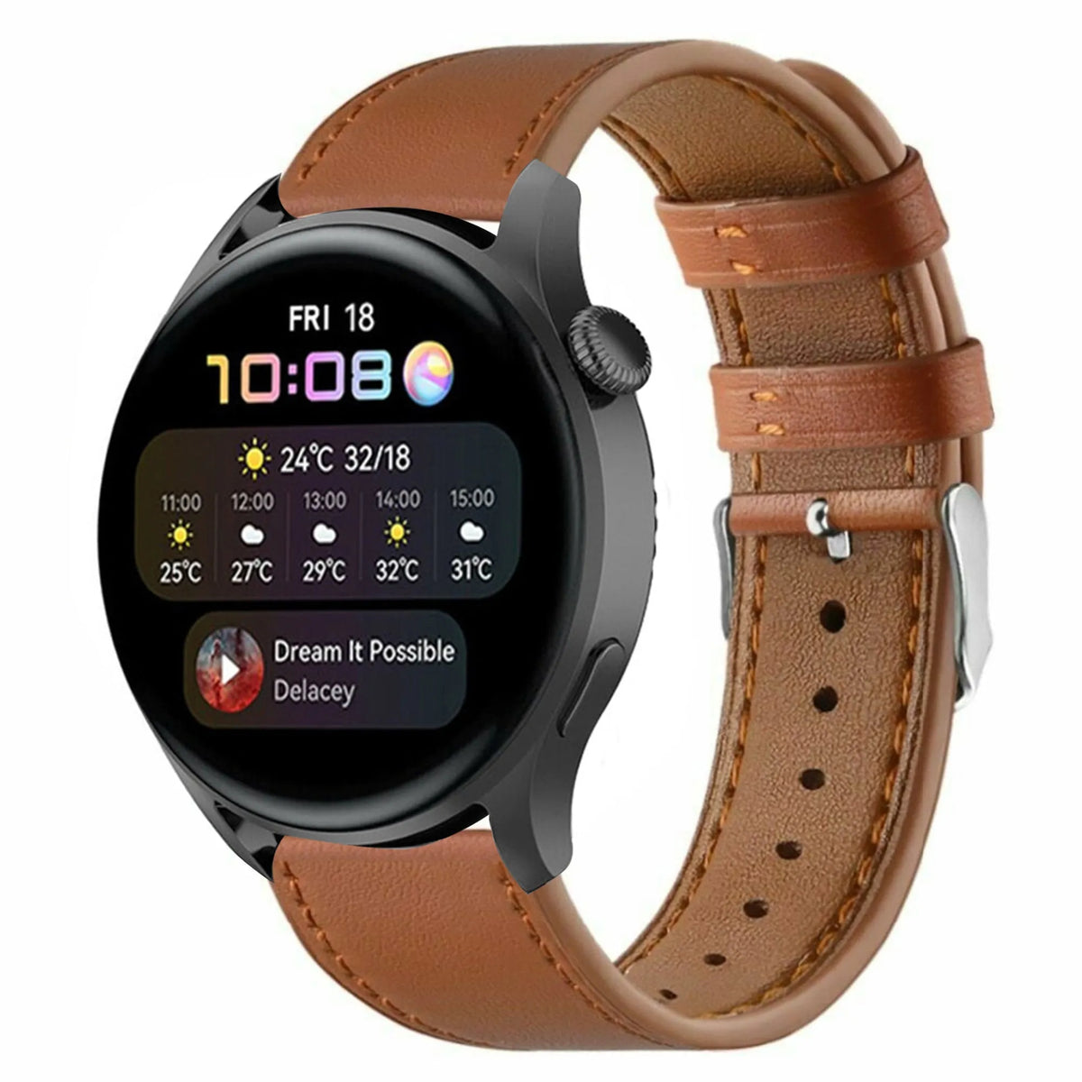 Modern Leather Strap, brown, on a watch, 3/4 front view