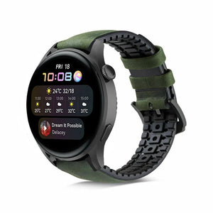 Leather Hybrid Strap, black/green, on a watch, 3/4 front view