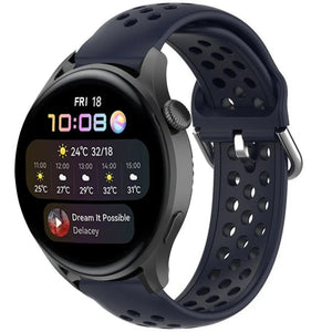 Breathable Silicone Strap, dark blue, on a watch, 3/4 front view