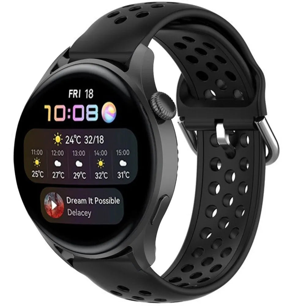 Breathable Silicone Strap, black, on a watch, 3/4 front view