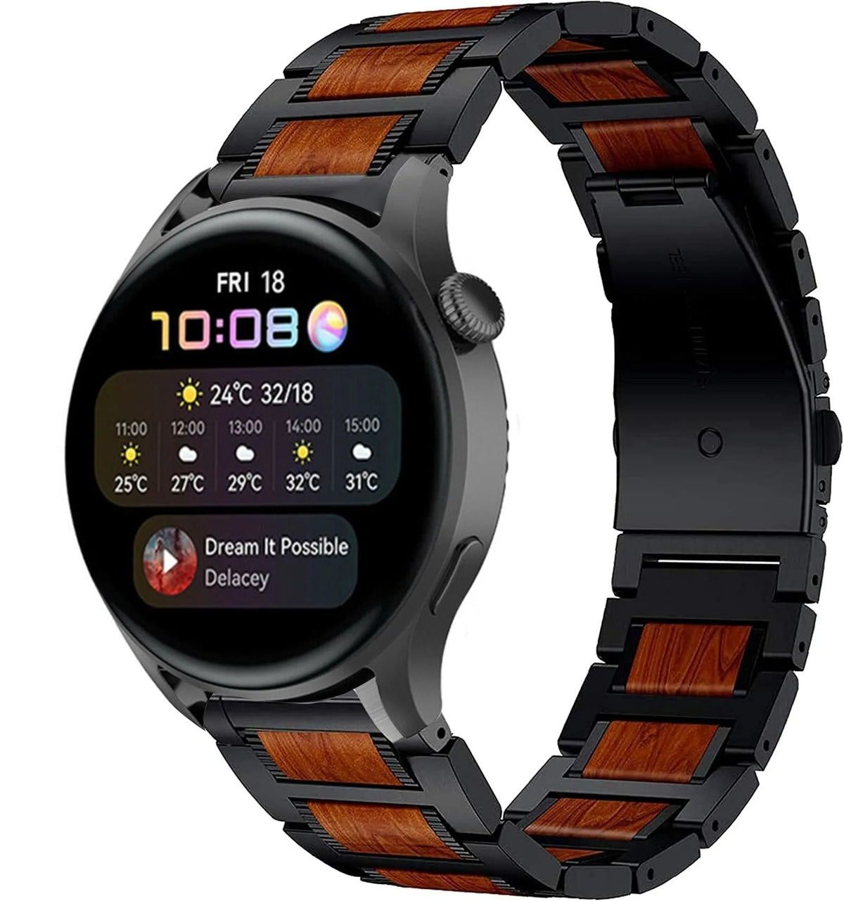 Wood Steel Strap, black, on a watch, 3/4 front view