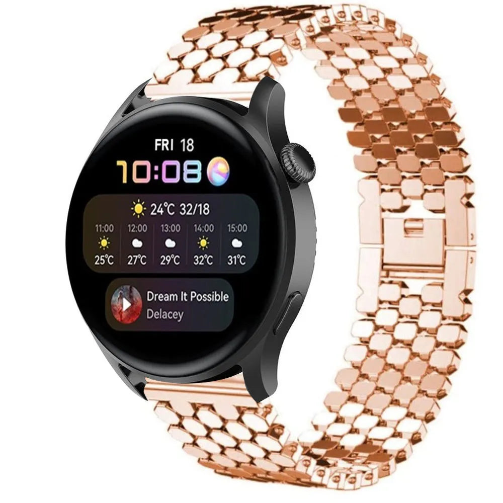 Steel Strap Hexagons, rose gold, on a watch, 3/4 front view