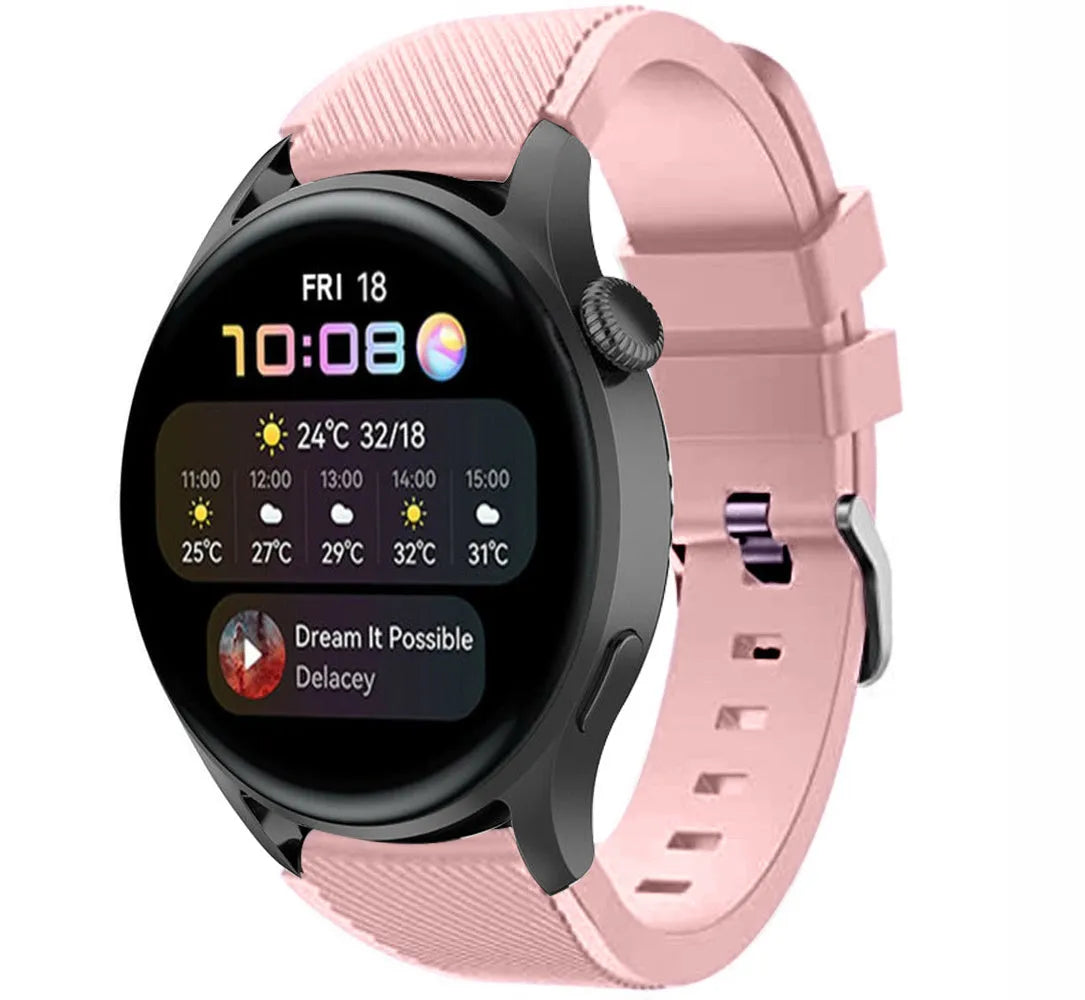 Twill Silicone Strap, pink, on a watch, 3/4 front view
