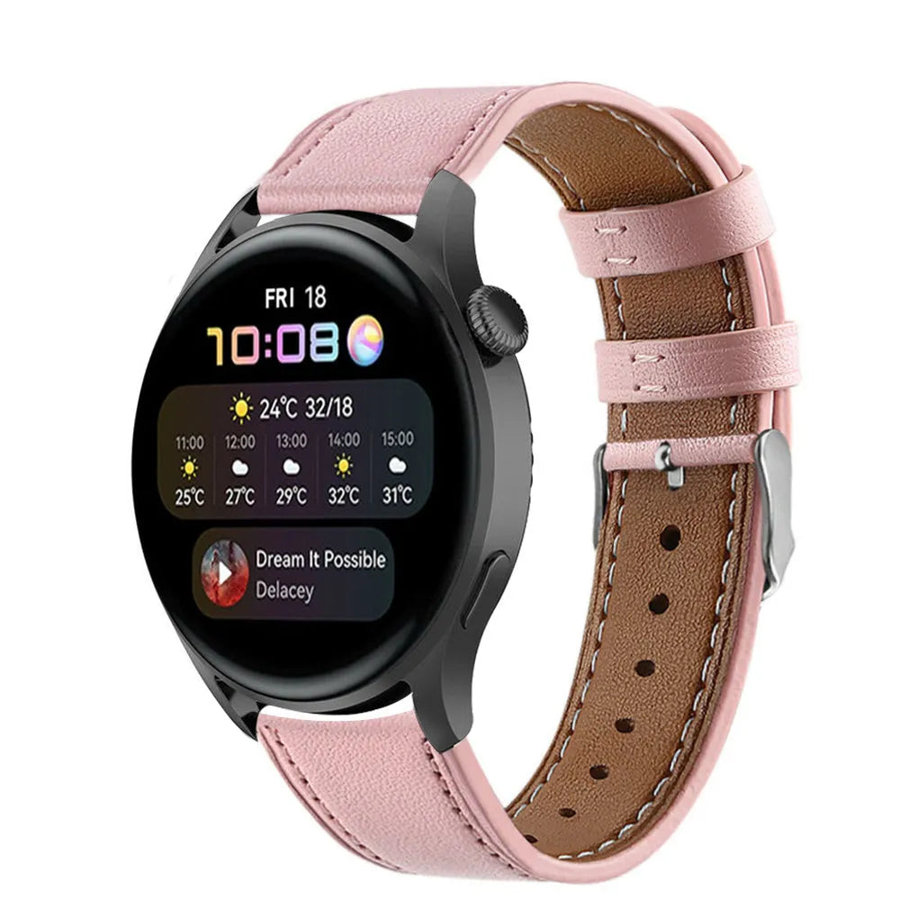 Modern Leather Strap, pink, on a watch, 3/4 front view