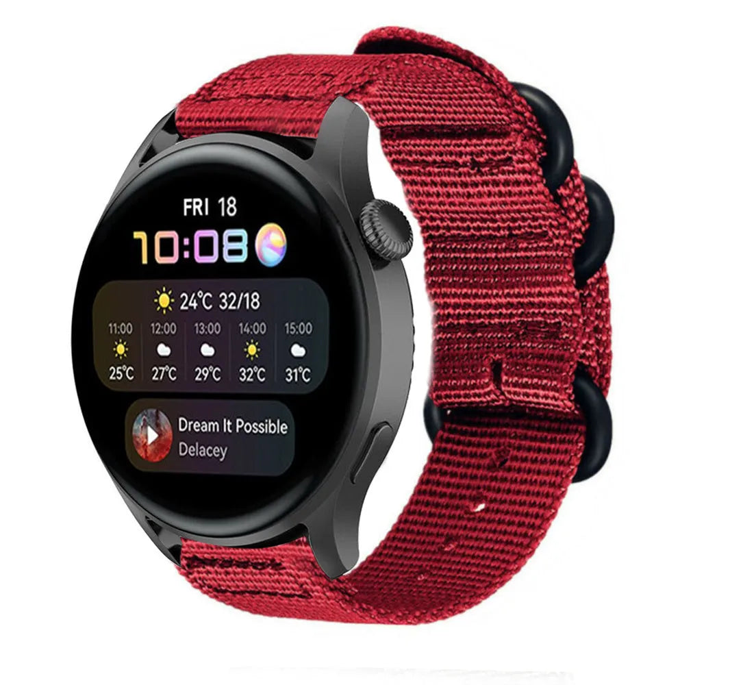 Nylon Buckle Strap, red, on a watch, 3/4 front view