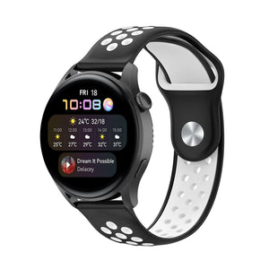 Silicone Sport Strap, black/white, on a watch, 3/4 front view