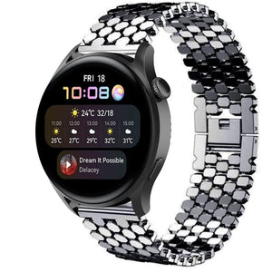Steel Strap Hexagons, black, on a watch, 3/4 front view