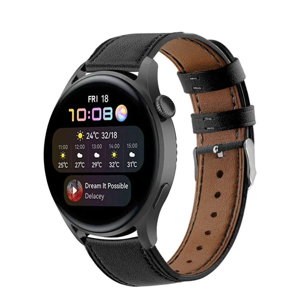 Modern Leather Strap, black, on a watch, 3/4 front view