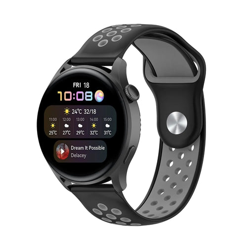 Silicone Sport Strap, black/grey, on a watch, 3/4 front view