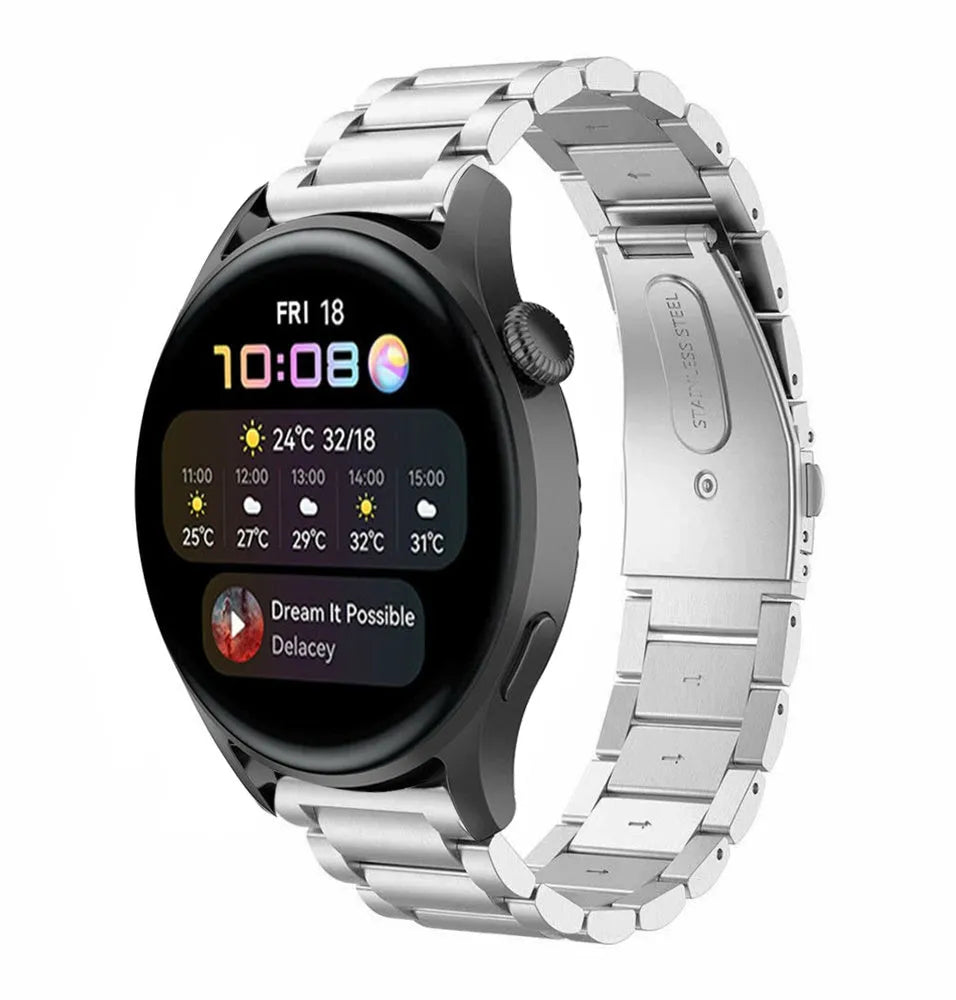 Steel Strap, silver, on a watch, 3/4 front view