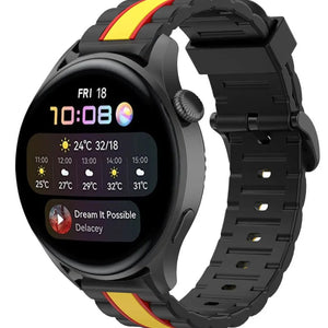 Silicone Special Edition Strap, black/yellow, on a watch, 3/4 front view