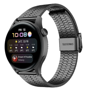 Fine Steel Strap, black, on a watch, 3/4 front view