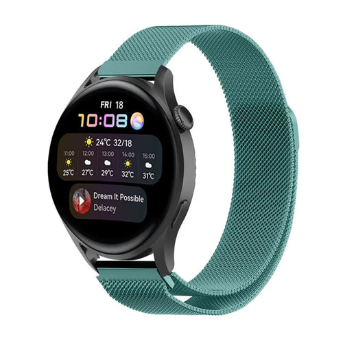Milanese Strap, green, on a watch, 3/4 front view