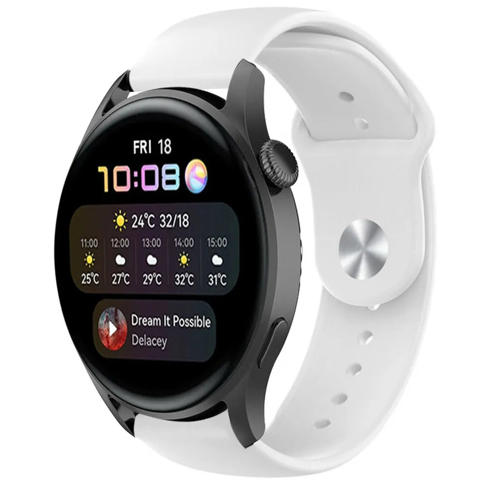 Silicone Sport Strap, white, on a watch, 3/4 front view