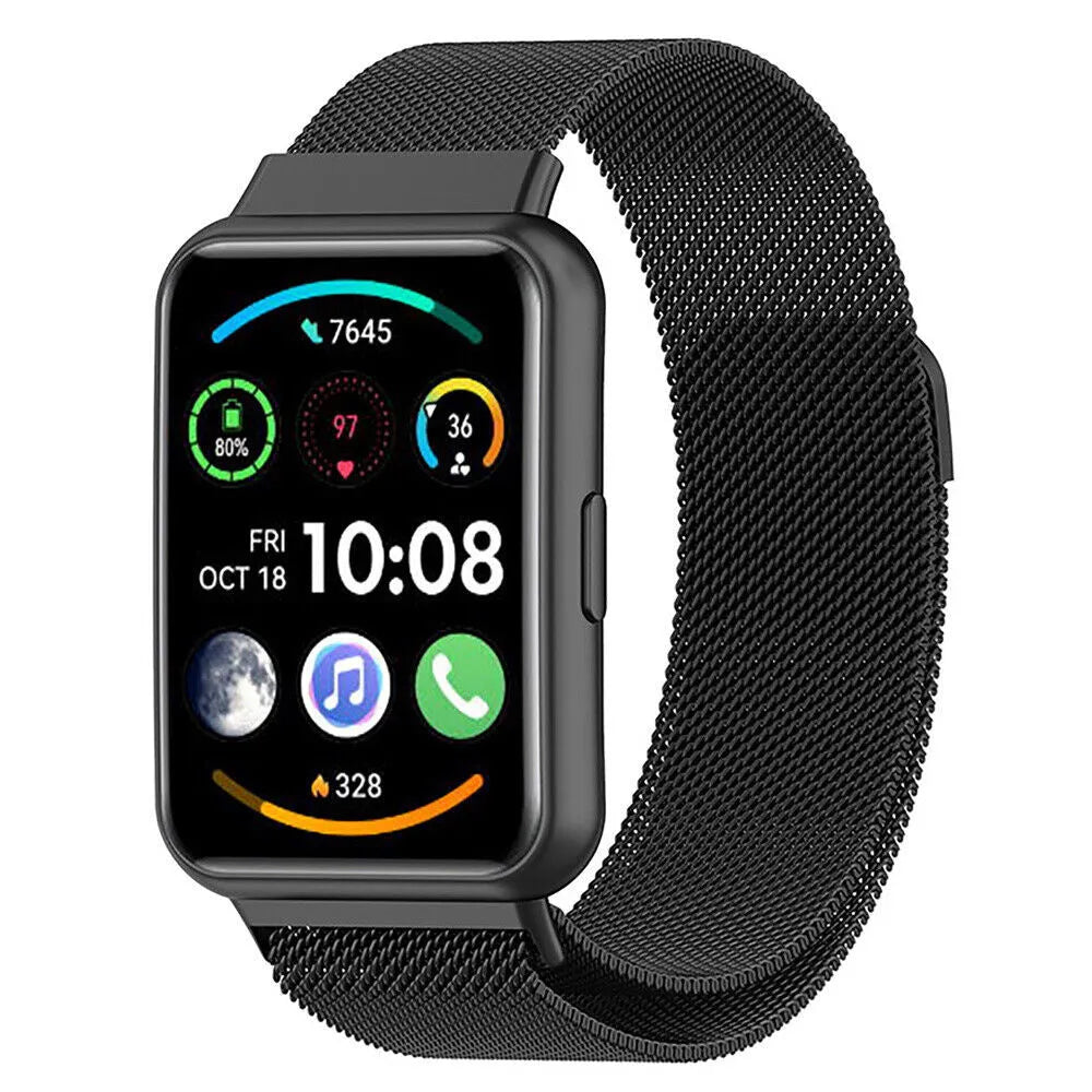 Milanese Strap, black, on a watch, 3/4 front view