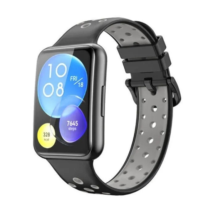 Silicone Sport Strap, black/grey, on a watch, 3/4 front view