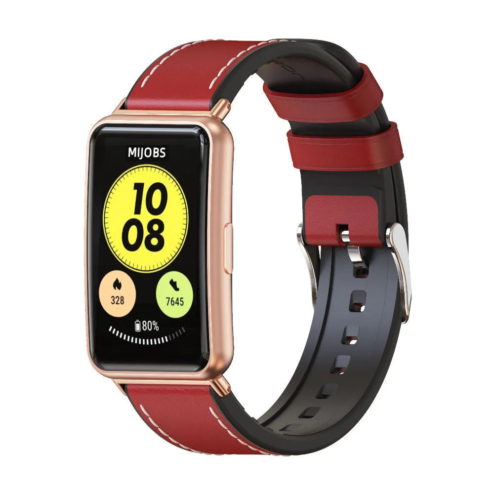 Leather Hybrid Strap, red, on a watch, 3/4 front view