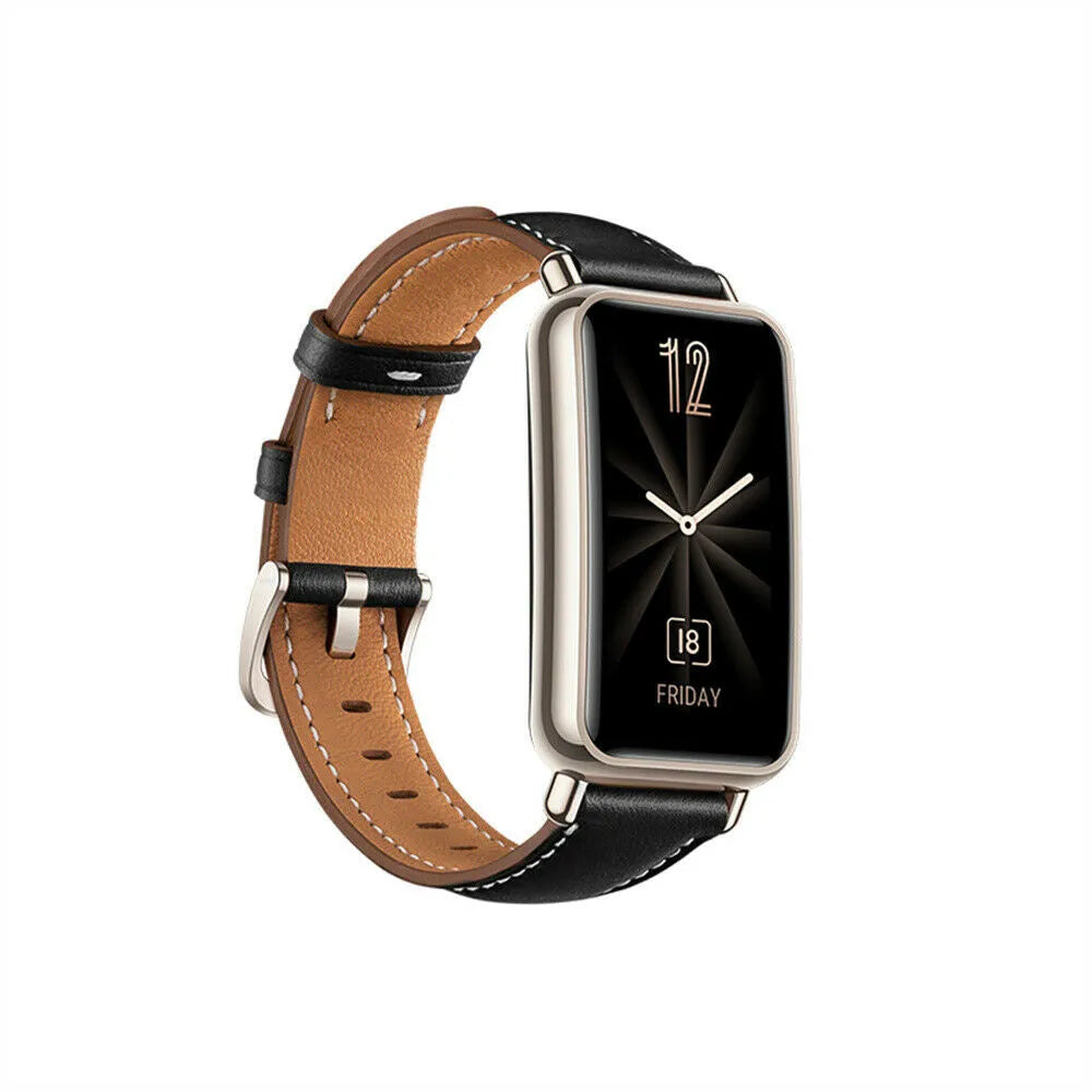 Leather Strap, black, on a watch, 3/4 front view