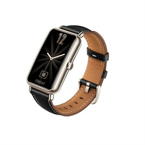 Leather Strap, black, on a watch, 3/4 front view