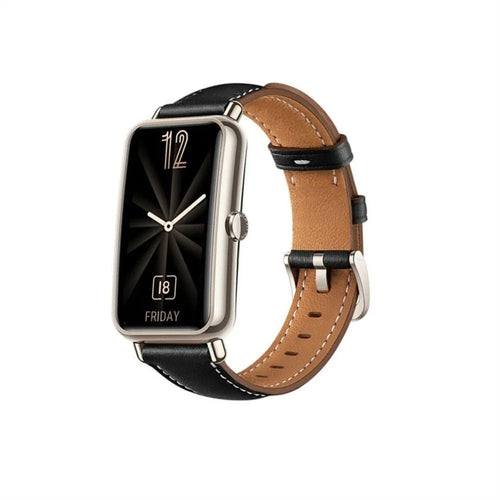 Leather Strap, black, on a watch, 3/4 front view