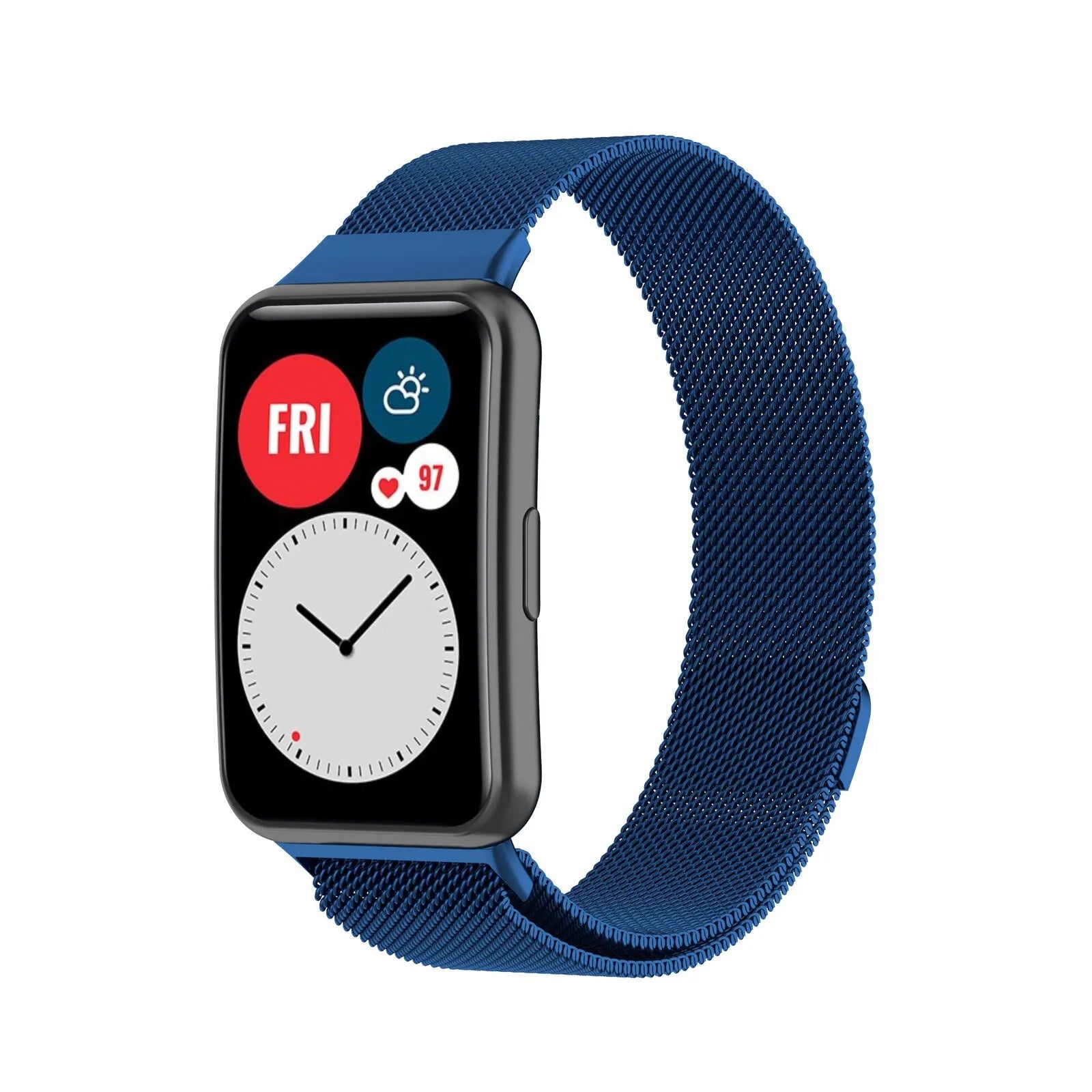 Milanese Strap, blue, on a watch, 3/4 front view
