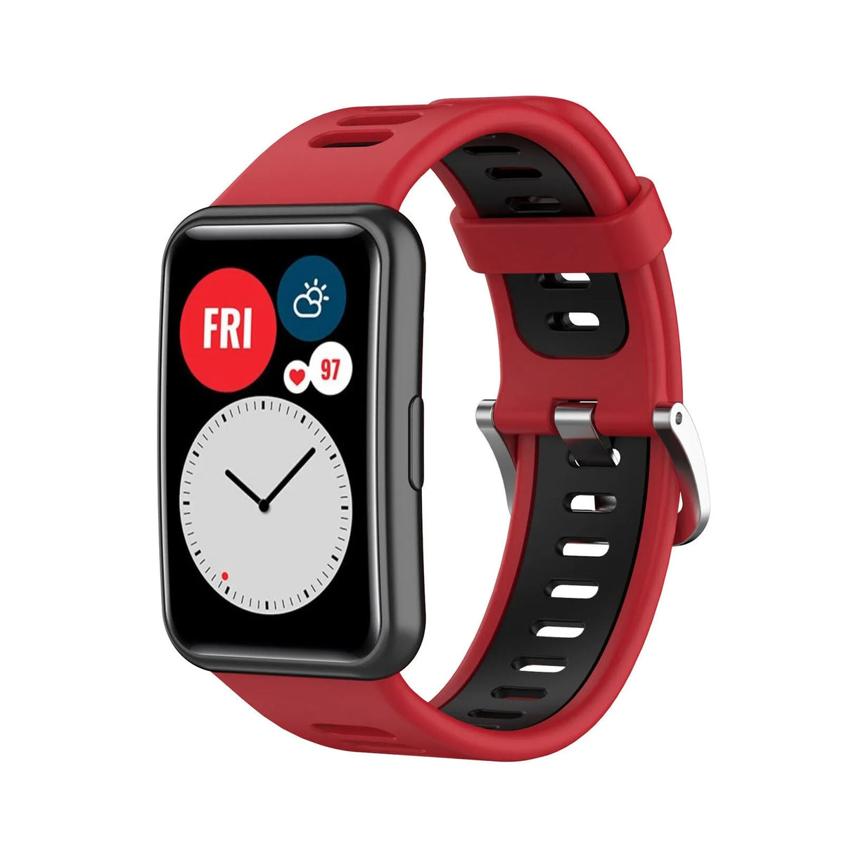 Silicone Sport Buckle Strap, red/black, on a watch, 3/4 front view