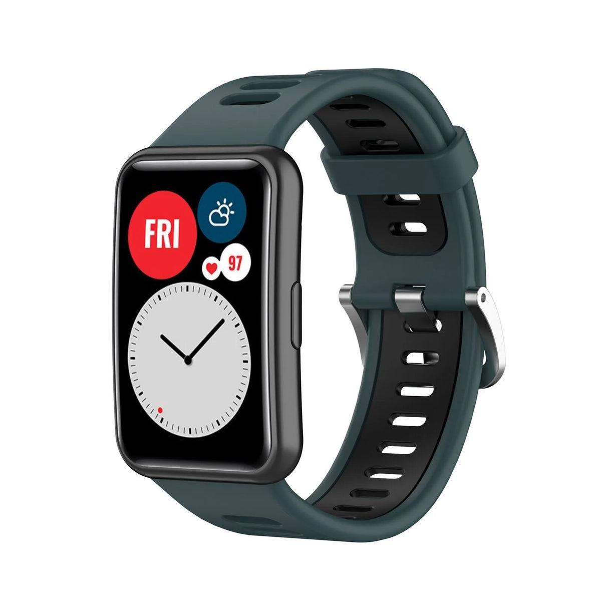 Silicone Sport Buckle Strap, green/black, on a watch, 3/4 front view