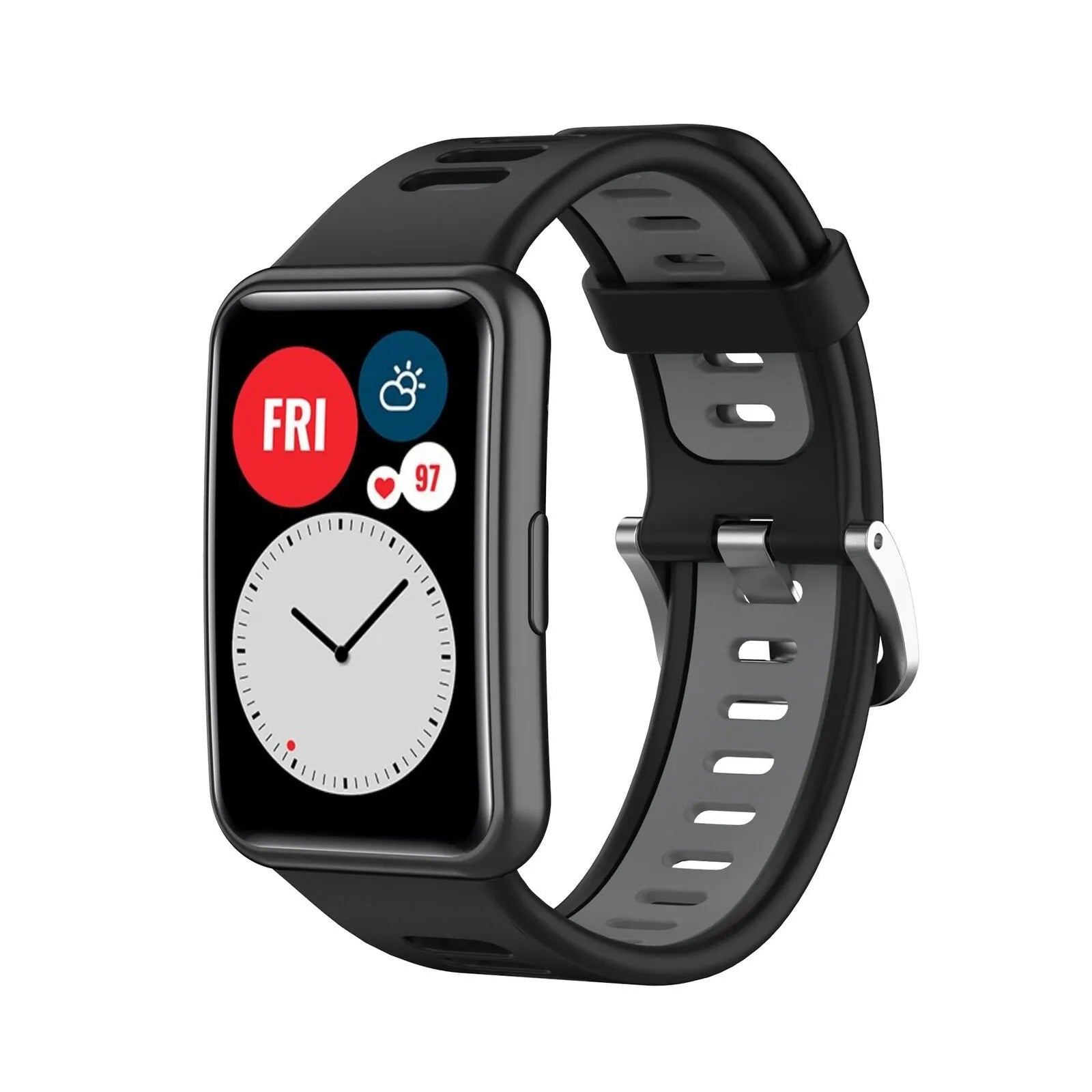 Silicone Sport Buckle Strap, black/grey, on a watch, 3/4 front view