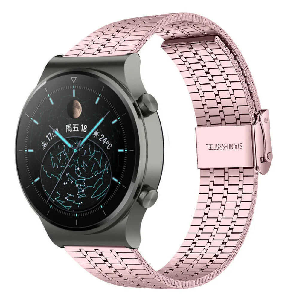 Fine Steel Strap, pink, on a watch, 3/4 front view