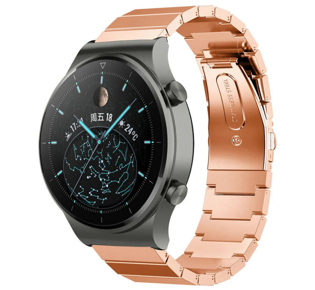 Premium Metal Strap, rose gold, on a watch, 3/4 front view