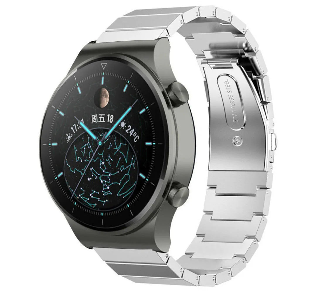 Premium Metal Strap, silver, on a watch, 3/4 front view
